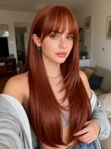 Long Ginger Wig with Bangs for Women Auburn  26 Inch Long Heat Resistant Wig, 4x4 Realistic Scalp Natural Looking Wig, Synthetic Wigs Layered Hairstyle Free Parting for Girls Daily Party Use