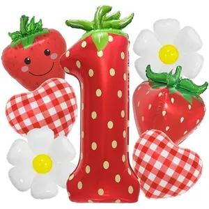 Strawberry Balloons 1st Birthday Party Decorations - 40 Inch Number 1 Balloon Red Gingham Heart & Daisy Foil Balloons for Berry First Birthday Decor 7 Pcs