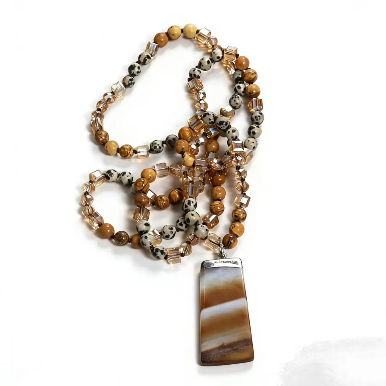 Women's Boho-Chic Multi-Layer Natural Stone-Glass Beads Necklace - Gema Beerus Varang Kuru Style, Square Agate Pendant, Mother's Day Gift for Daily Casual Wear, Female Costume Jewelry