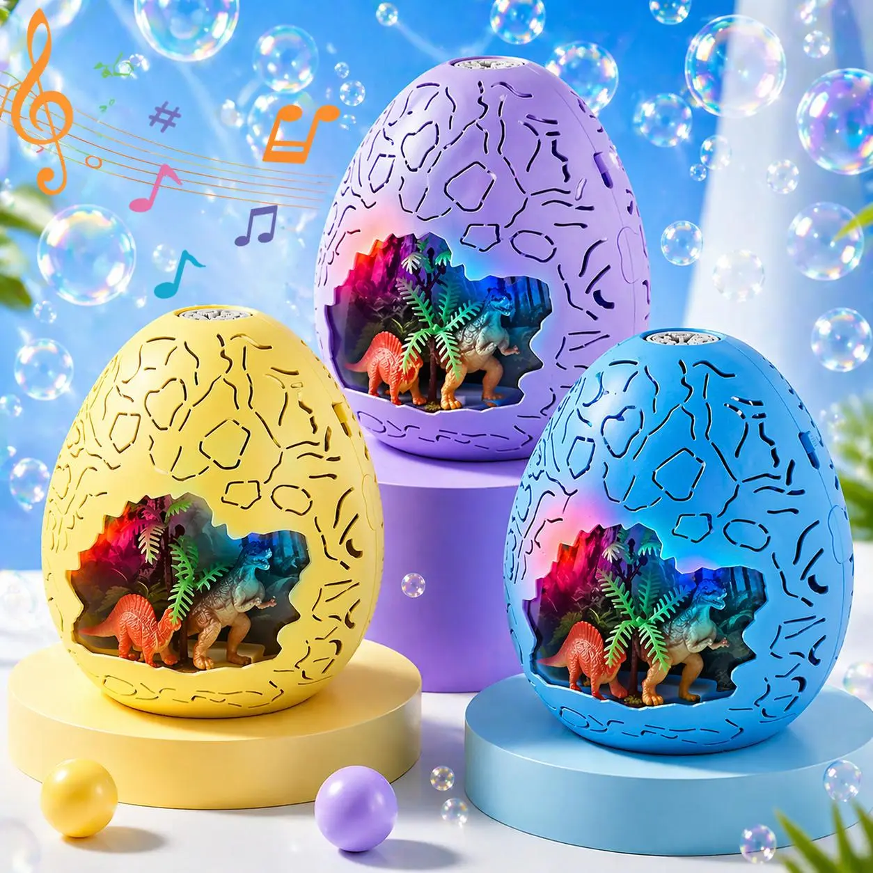 Dinosaur Egg Bubble Machine for Kids, Automatic Bubble Maker with LED Lights and Music, Rechargeable Bubble Blower Toy for Outdoor Party Summer Gift