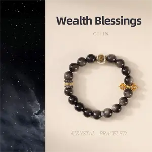 [Wealth Blessing] crystal bracelet, silver obsidian Tibetan silver sand gold, unisex, daily wear gift, 10mm beads natural stone, wealth blessing symbol