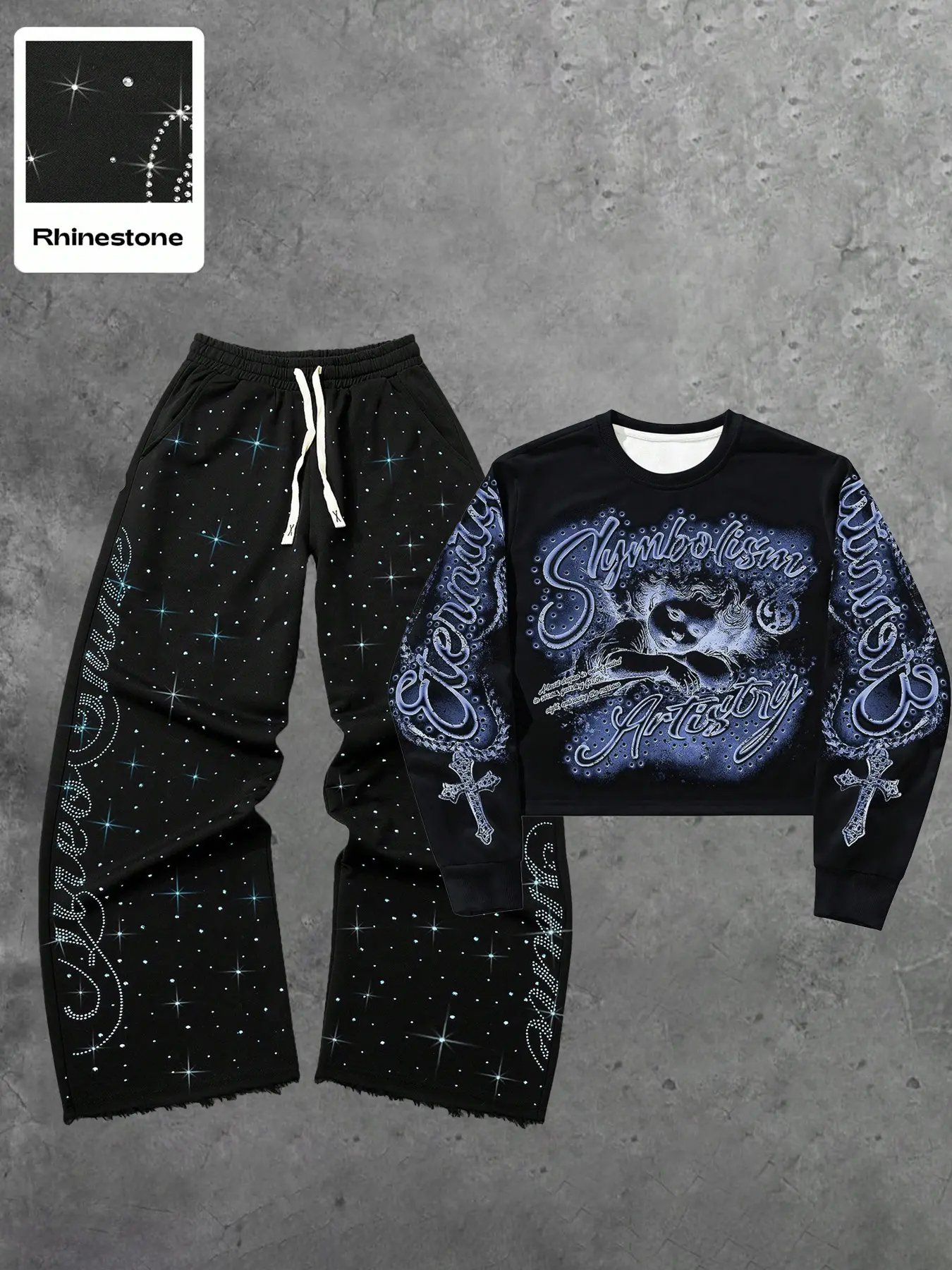 Street Style American English Rhinestone Straight Leg Unisex Fit Casual Sweatpants + New Angel Child Graphic Print Short Sweater Set Clothes