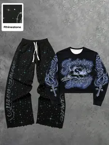 Street Style American English Rhinestone Straight Leg Unisex Fit Casual Sweatpants + New Angel Child Graphic Print Short Sweater Set