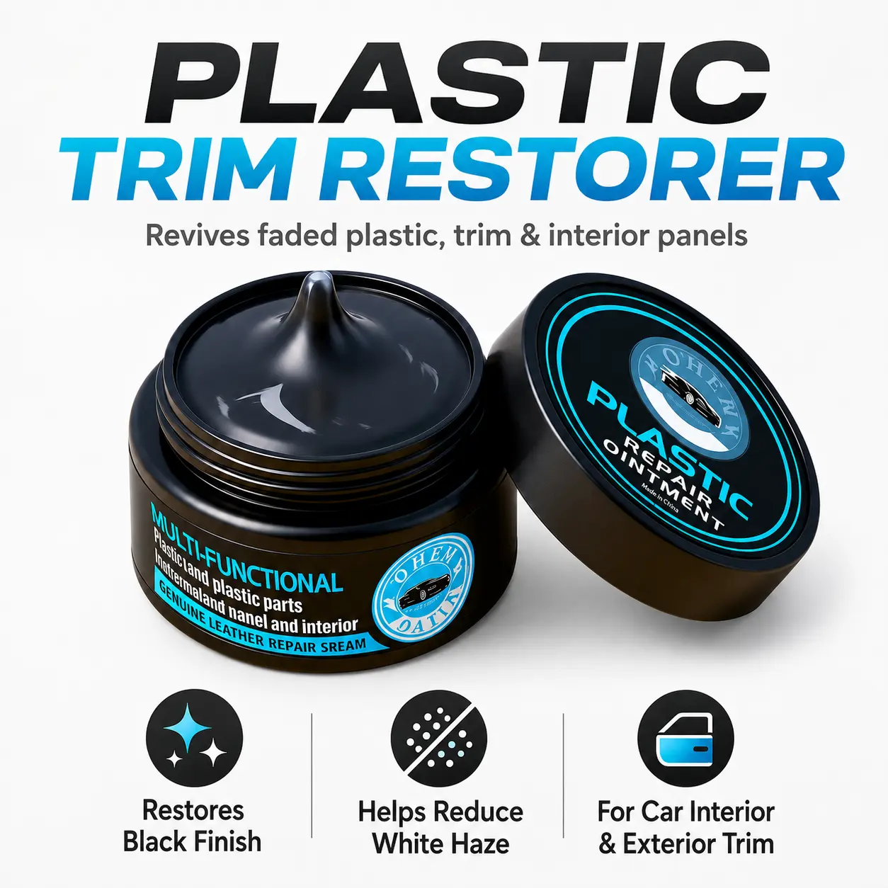Car Plastic Scratch Fixer Cream - Conditioning, Darkening Formula for Light Scratches, White Scuffs, Faded Plastic, Bumpers, Interior Trim Renewal (Cream Form for Cars & Motorcycles)