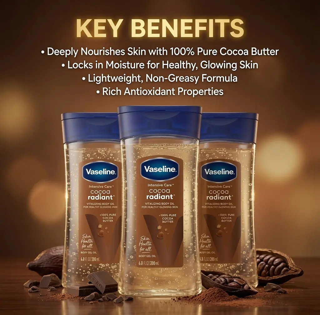 Vaseline Intensive Care Cocoa Radiant Body Gel Oil (Pack of 3, 6.8 oz Each) - Body Care Moisturizer with Pure Cocoa Butter for Glowing, Smoothing & Skin-Softening Hydration, Dye Free, Dryness