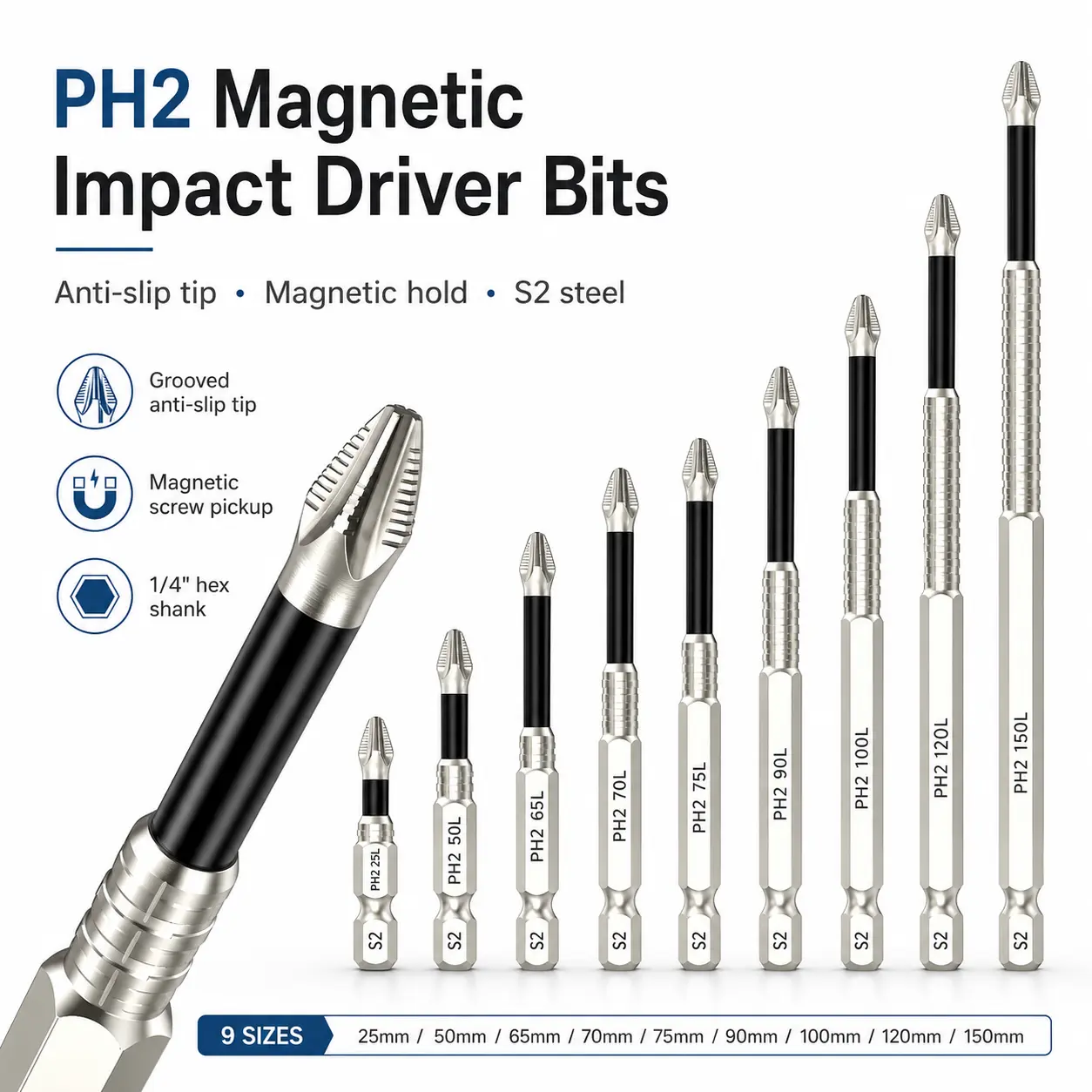 PH2 Non-Slip Magnetic S2 Steel Impact Drill Bit Set - 1/4" Quick-Change Hex Shank Anti-Slip Precision Stepped Screwdriver Set for DIY Enthusiasts, Durable Magnetic Tips Hand Tool, Non Slip Bit