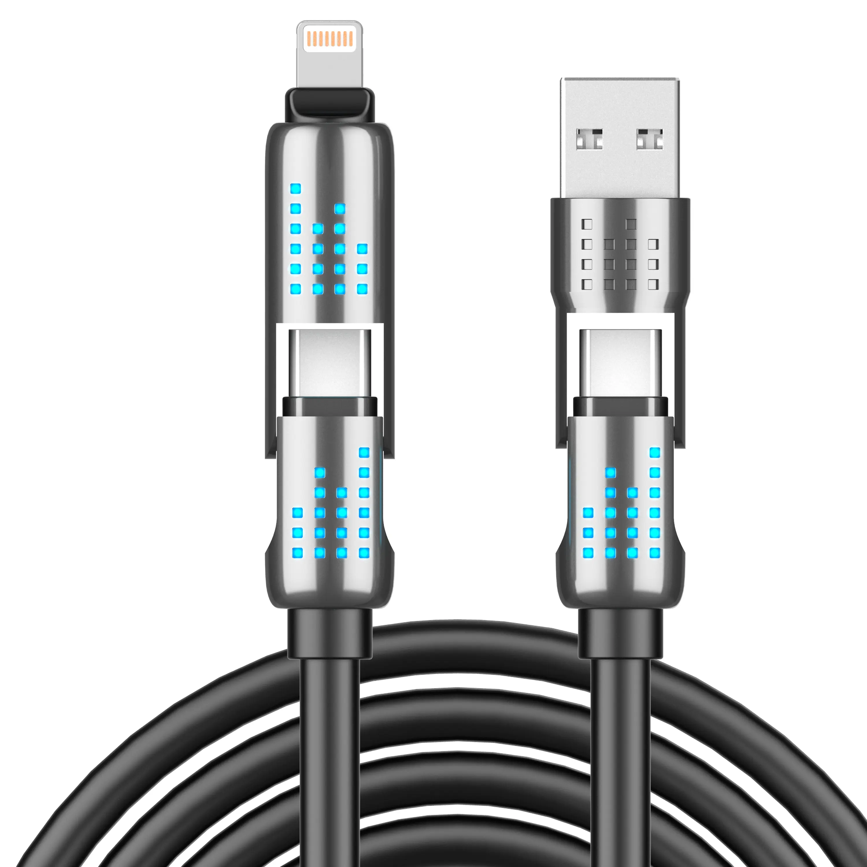 240W 4-in-1 USB-C Cable - PD 5A Fast Charging Type C Charger, Data Sync, USB-A/Lightning Compatibility, Aluminum & Silicone Build, for Smartphone, Cellphone, Android Device, iPhone 16/15, iPad, Samsung, Laptop