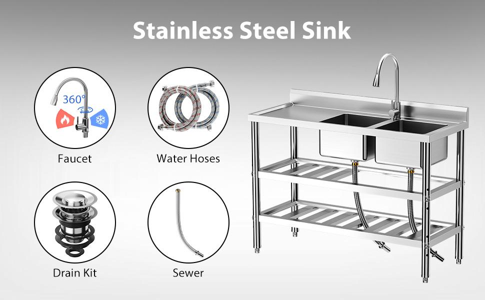 【Restock Sale】GARVEE Free Standing Commercial Kitchen Sink, Stainless Steel Utility Sink with Hot & Cold Hoses, Stainless Steel Double Bowl Utility Sink Set for Garage, Restaurant, Kitchen, Outdoor 【Restock Sale】GARVEE Free Standing Commercial Kitchen Sink, Stainless Steel Utility Sink with Hot & Cold Hoses, Stainless Steel Double Bowl Utility Sink Set for Garage, Restaurant, Kitchen, Outdoor