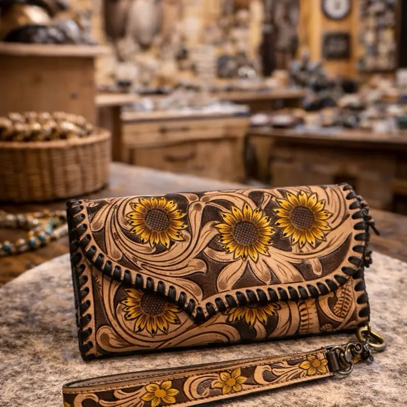 Sunflower tooled  wristlet