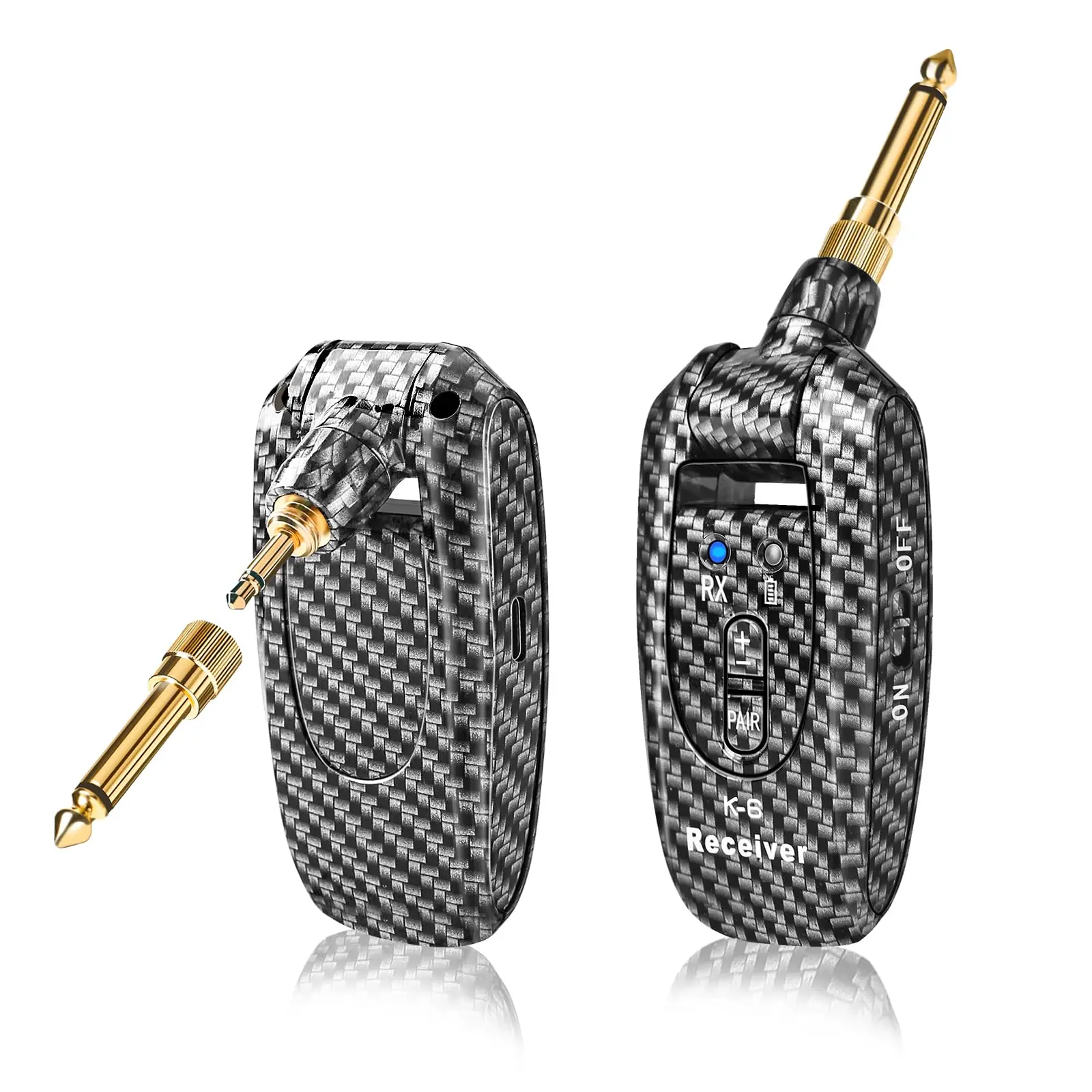 Wireless Guitar System 2.4GHz 2 Modes, Thumb-Size, 250° Rotatable, Wireless Guitar Transmitter Receiver Plug & Play for Guitar, Violin, Keyboard (Carbon Fiber)