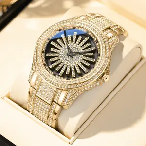 Men’s 46mm Gold Iced Out Rotating Dial Watch Luxury Hip Hop Full Diamond Bling Bustdown Quartz Oversized Statement Wristwatch