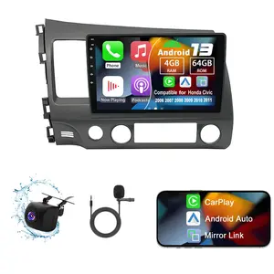 4+64GB Android 13 Car Stereo for 【Honda Civic 2006-2011】 Wireless Carplay Android Auto 9" Touch Screen Car Radio Dash Kit with GPS WiFi Bluetooth SWC DSP EQ Mirror Link Backup Camera