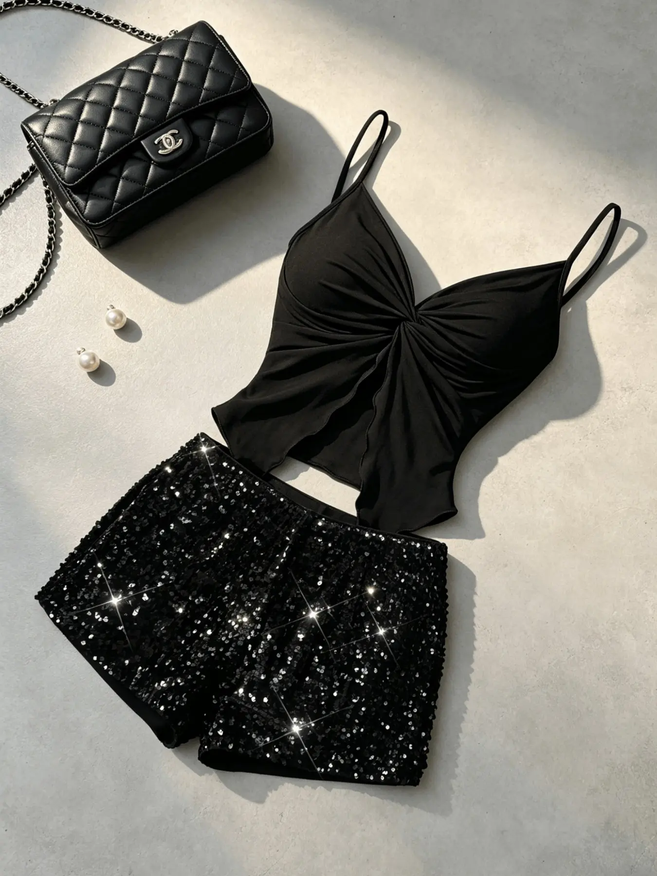 Pure Color Knot Butterfly Sleeveless Halter Top and Sequin Shorts Set, Sweet Cool Girl Style Casual Slim Fit Two-Piece, Trendy Streetwear Womenswear Short Pants Set, Summer Outfit Set