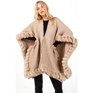 Faux Fur Trim Winter Cape Cardigan - 80% Acrylic 20% Polyester One Size Fits All 27.5" x 37" Warm Stylish Layering Piece