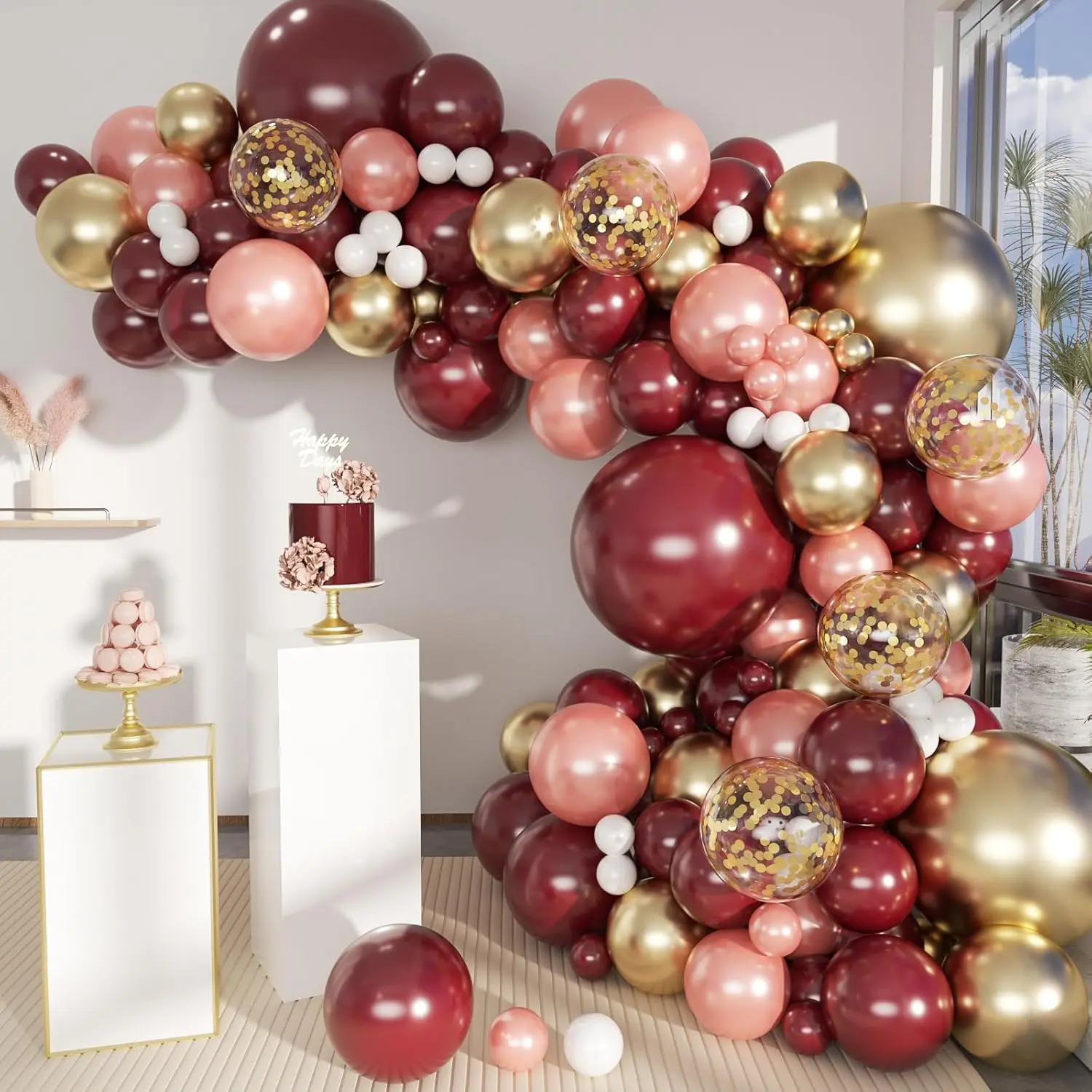 Burgundy Balloon Arch Kit, 141 Pcs Maroon Metallic Chrome Gold Rose Gold And White Latex Balloons Different Sizes 18 12 10 5 Inch For Birthday Wedding Anniversary Bridal Bachelorette Wine Party