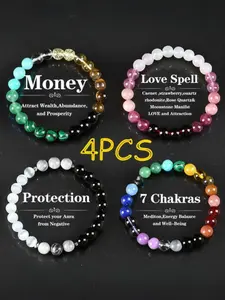 4 Pcs Bohemian Beaded Bracelet, High Quality Bracelet - Natural Citrine, Malachite, Jewelry for Banquet Party, Gift for Her Colorblock Beaded Crystal Bracelet