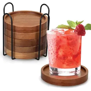 6 Pcs Best Wooden Coasters with Holder Coffee Table Decor Acacia Wood Coaster Set Modern Cup Coaster for Drink Home Dining Table Kitchen Accessories Cute Beer Bar Decorative Rustic Outdoor Coasters