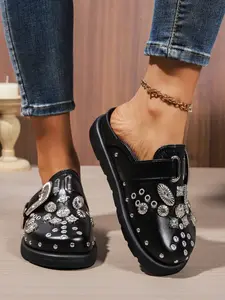 Women's fashionable rivet personality black wedge and platform loafers, punk style metal eyelets decoration, round headed mule shoes, Round Toe Clogs, Stylish Punk Clogs, Platform Mules