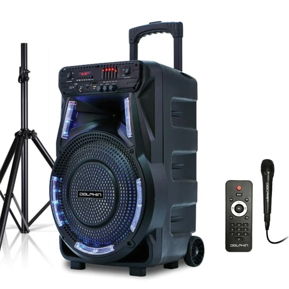 Portable Party Speaker with 15" Woofer, LED Lights, Handle, Remote Control, USB/SD & 3.5mm Audio Support, Included Speaker Stand