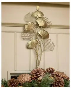 Gold Metal Ginkgo Leaf Wreath Hanger Artisan Door Décor 18x10 Inches Premium Iron Brushed Satin Gold Finish Unique Mixed-Leaf Design for Year-Round Décor