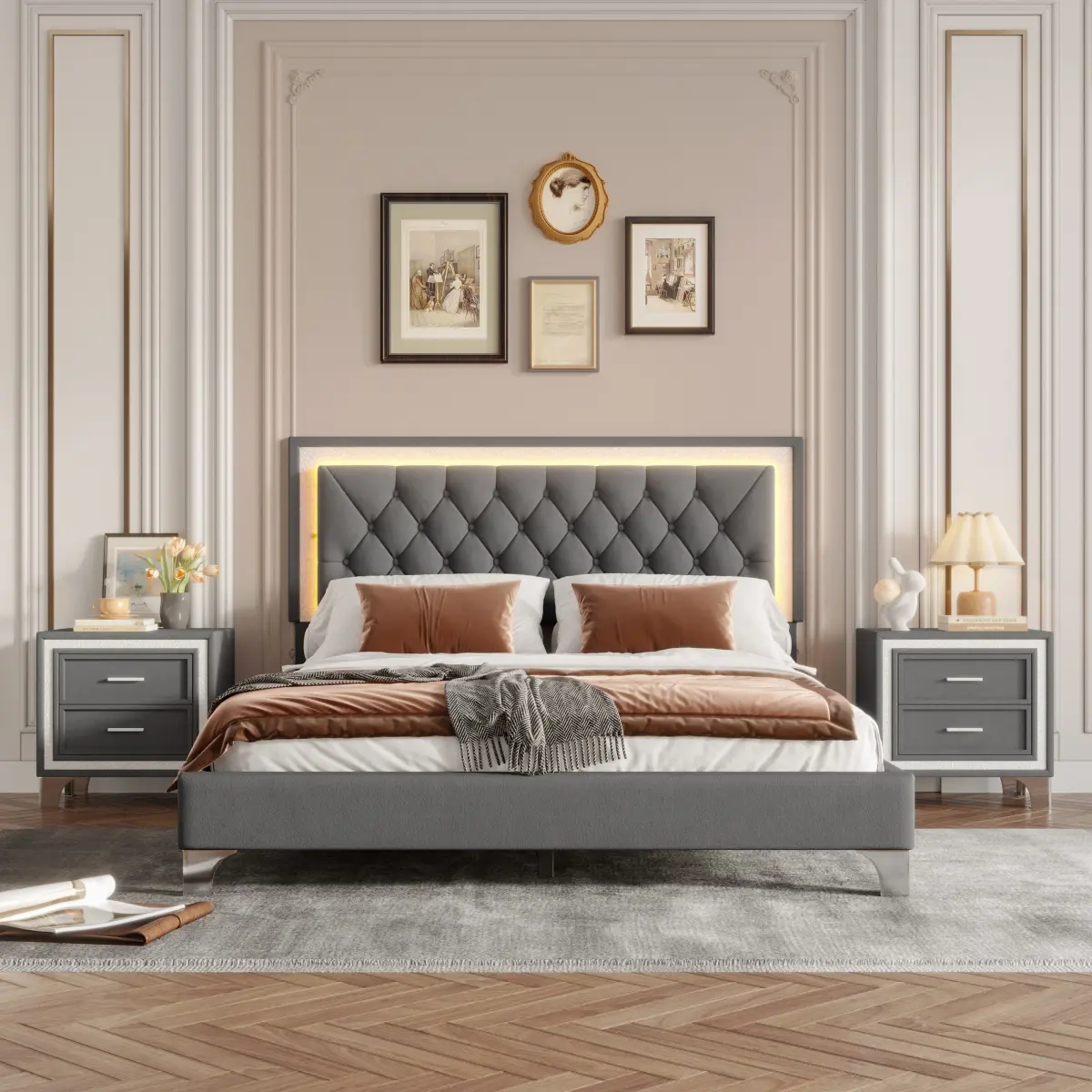 Matching Bedroom Sets - Gray 3-Piece Modern Indoor Queen Size Velvet LED Bed Frame with LED Control, 2 Nightstands for Bedroom Setup