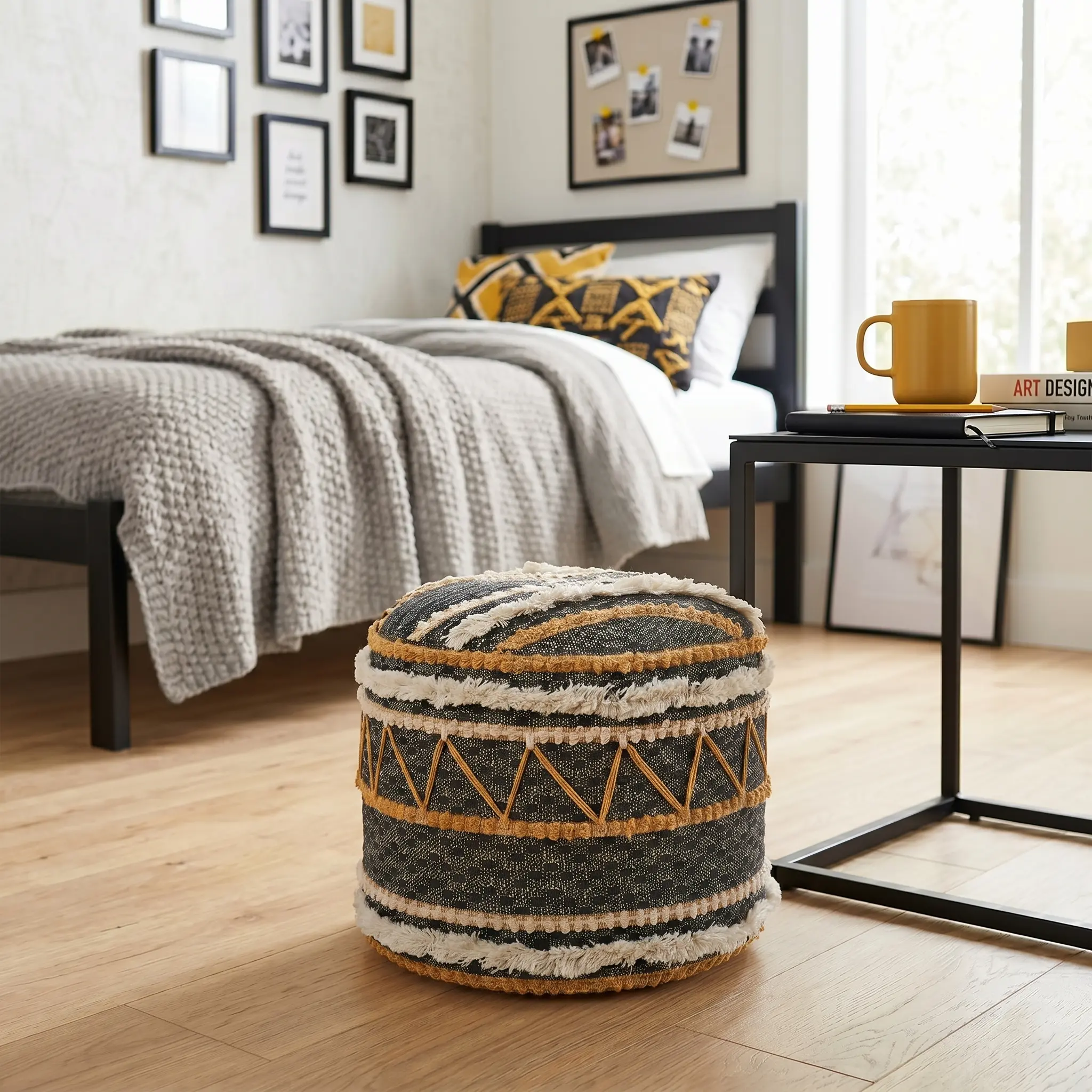 Tavine Handmade Contemporary Striped Round Indoor Medium Pouf Ottoman, Black/Yellow