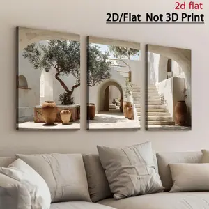 2D Canvas Art Set, 3-Piece Framed Print, Modern Architecture & Potted Plants, Home Decor, Wall Art, Living Room, Bedroom, Office Gift