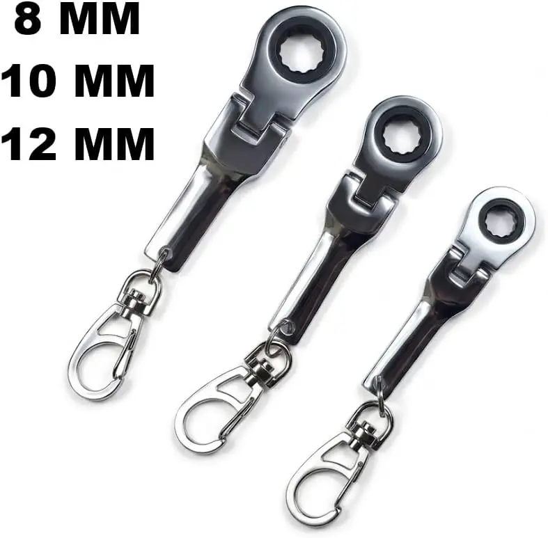 (8mm + 10mm + 12mm) 3PC Mini Ratchet Wrench Set Metric Box End Spanner, Compact Pocket Size Gear Wrench with Swivel Lobster Clasp Key Ring – EDC Tool for Automotive, Motorcycle & DIY