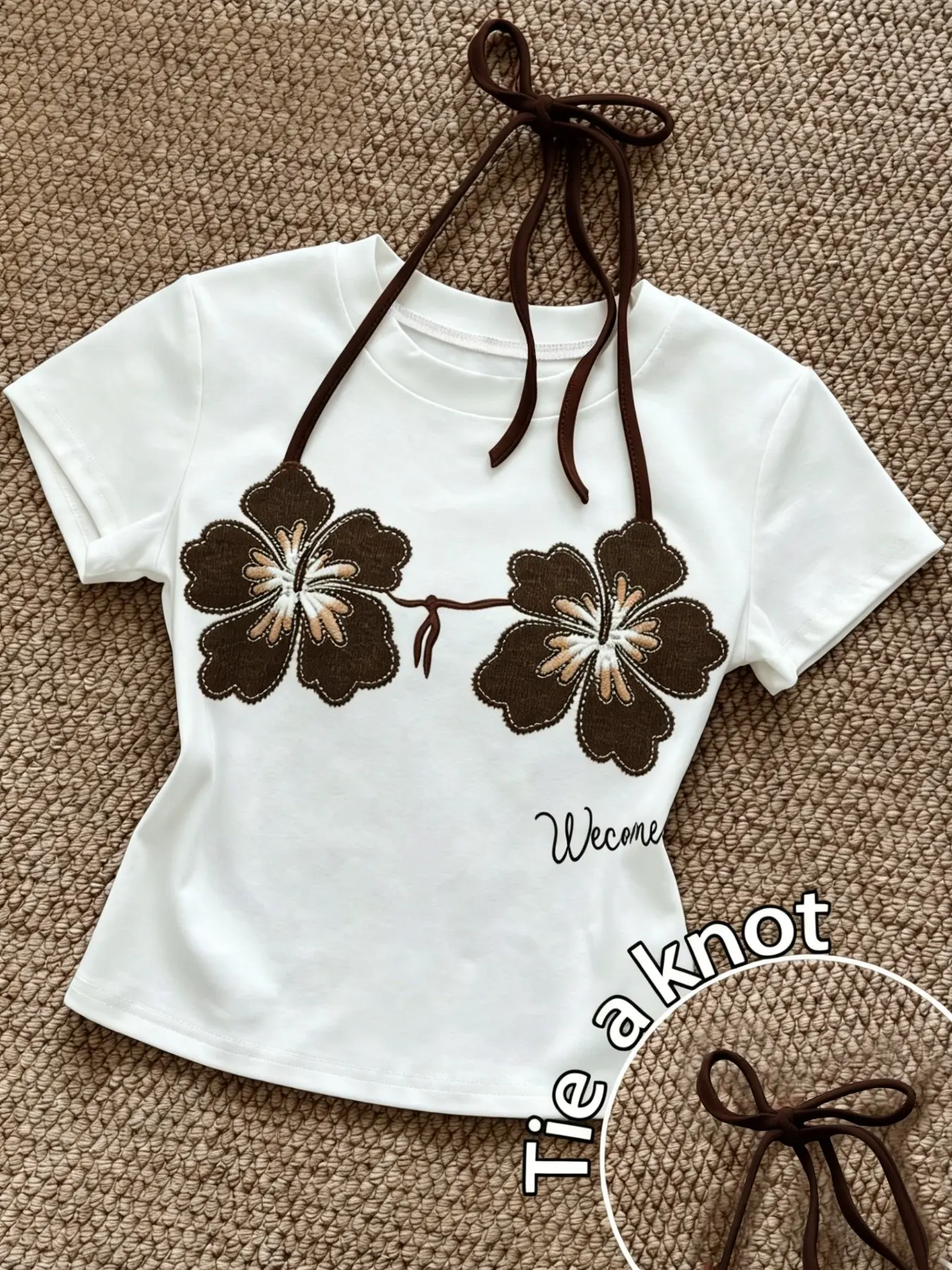 White Halter Neck Floral Flower Applique Crop Top, Brown Tie Detail Short Sleeve, Slim Fit Retro Y2K Tee, Soft Stretchy Fabric, Cute & Flattering Casual Fit Chic Summer Top for Women