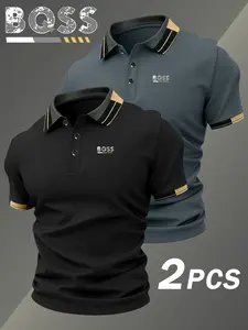 Two-Piece Hh5051 New Bqss Logo Print Men's Collared Shirt, Elastic Casual Breathable All-Season Comfortable High-End Polo Shirt