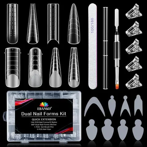 EBANKU 192PCS Smooth Silicone Dual Nail Forms System Set - Full Cover Mold Tips, Acrylic Nail Supplies with 96PCS Stickers, Clips, Gel Brush, PE File, 12 Sizes, 8 Shapes for Salon Manicure Art
