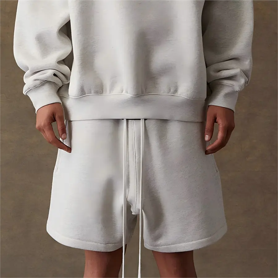 Men's SS22 Collection Athleisure Casual Sports Sweatshorts - Light Oatmeal, Cotton Blend, Heavyweight, Straight Leg, Elongated Drawcord