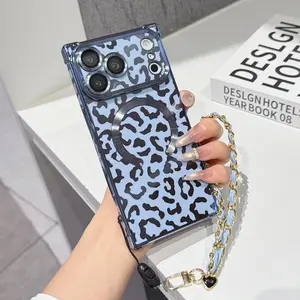 Luxurious Fashion Creative Four-Corner Anti-Drop Solid Leopard Print Magnetic Lens Film + Hand Strap Protective Phone Case Cover for Apple 17/16/15/14/13