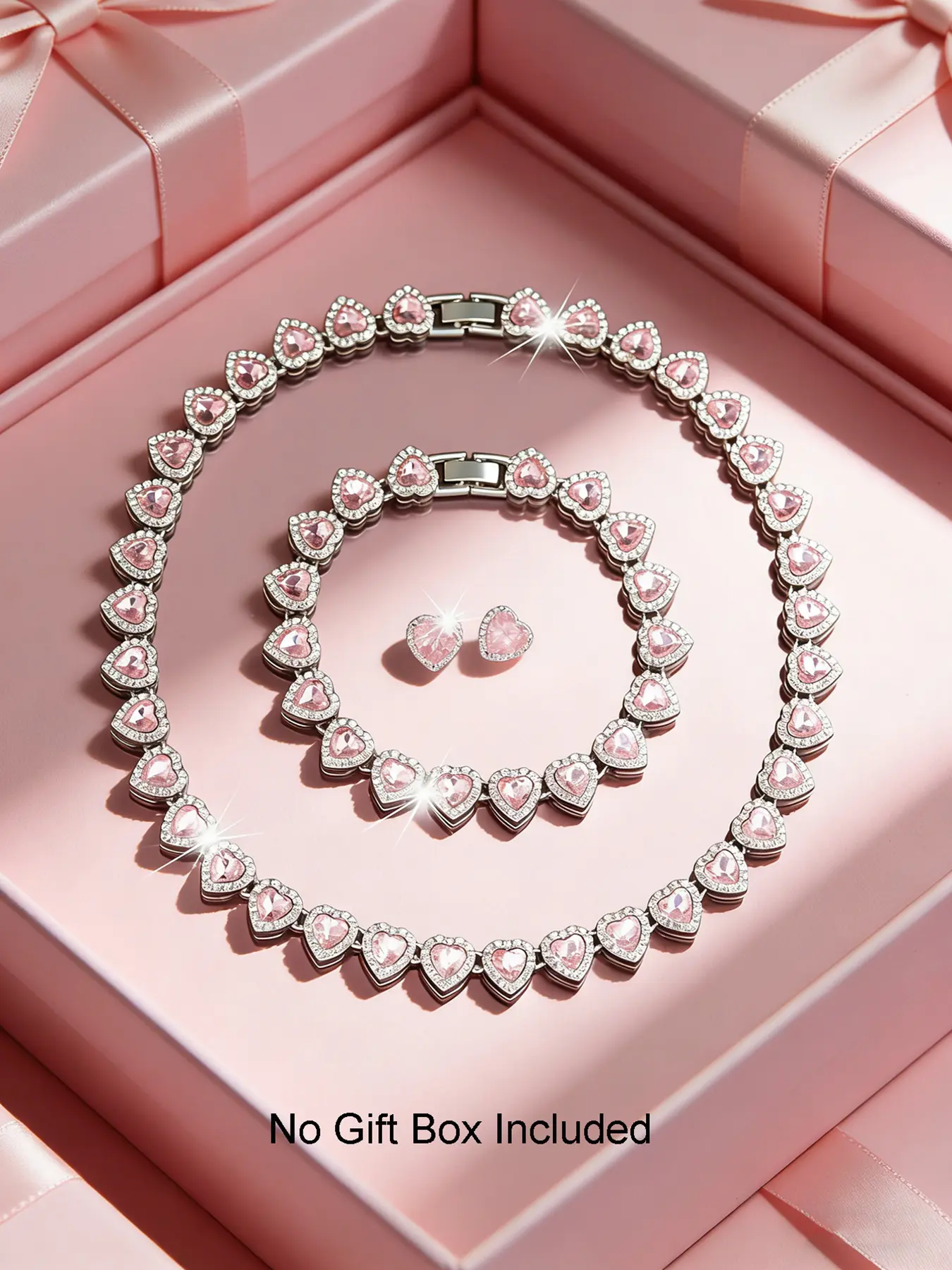 3-Piece Pink Heart-Shaped Iced Out Necklace & Bracelet & Stud Earrings, Elegant Costume Jewelry Set, Bridal Sets, Perfect for Weddings, Parties, Date Nights & Gifting