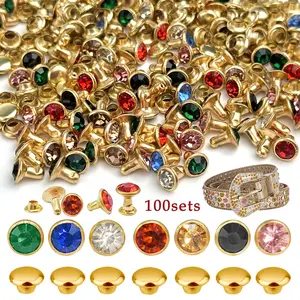 100 Sets 6MM Mixed Colors Rhinestone Rivets Crystal Rivets Studs Rapid Rivets Gold Color Spots Studs for Leather Craft DIY Making