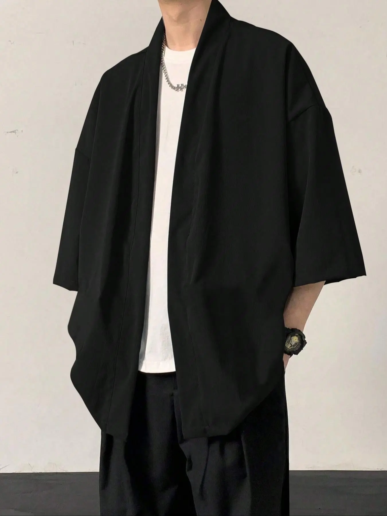 Men's Solid Color PU Leather Cape Shirt, Regular Fit Casual Short Sleeve Open Front Outerwear for Summer, Fashion Men's Clothes for Daily Wear, Gamis, Menswear
