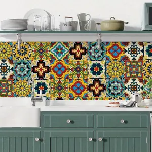 30Pcs Mexican Style Self-Adhesive Wall Sticker Tile Pattern Decal Waterproof Living Room Kitchen Bedroom Stair Home Decoration 4x4 Inches Yellow Flower Design Removable Vinyl Ornaments