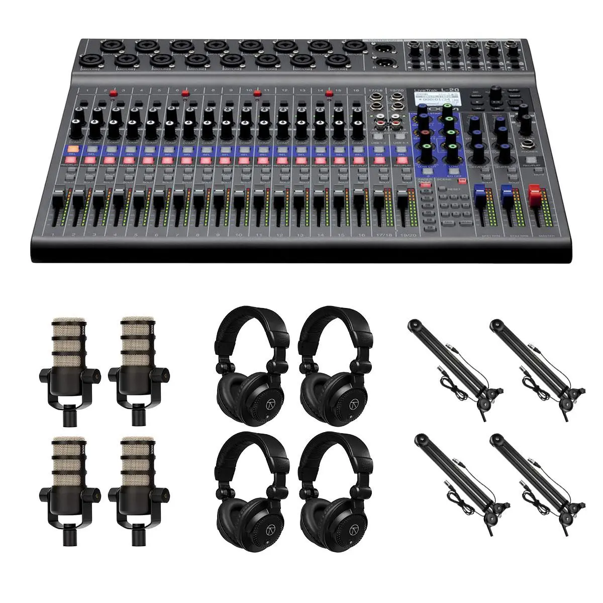 Zoom LiveTrak L-20 20-Channel Digital Mixer & Multitrack Recorder, Bundle with 4x PodMic Microphone, 4x TAPH100 Monitor Headphones, 4x Broadcast Arm