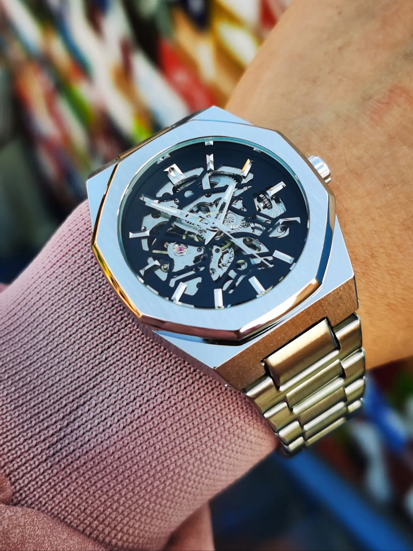 1pc Men's Fashion Business Automatic Mechanical Watch Luminous Hands Stainless Steel Strap Irregular Case Classic Analog Watch Skeleton Mens Watches Gifts Business Automatic Wristwatch