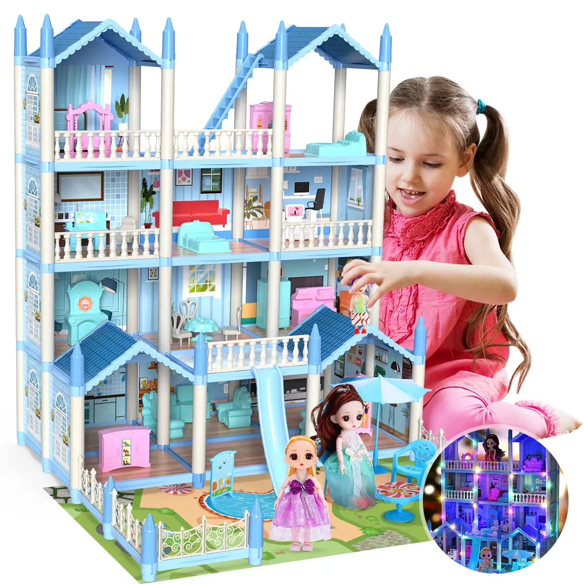 Play Dollhouse with Doll Toy Figures, 14 Rooms Furniture and Colorful Lights, Creative Doll House Gift for Girls Ages 3+, Assemble Required, Blue Doll Playsets