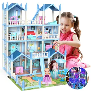 Play Dollhouse with Doll Toy Figures, 14 Rooms Furniture and Colorful Lights, Creative Doll House Gift for Girls Ages 3+, Assemble Required, Blue