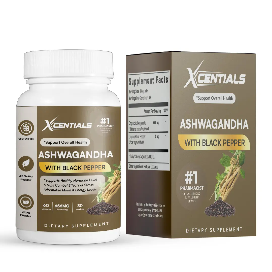 Xcentials Ashwagandha with Black Pepper - 60 Capsules, 656mg per Serving, Vegan, Gluten-Free, Support Overall Health