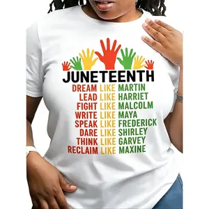 Women's Juneteenth Black History Inspirational Print T-Shirt - White Breathable Comfortable Cotton Fabric, Colorful African American Icons Graphic, Black Pride Dream Celebration, Classic Geometric Crew Neck, Casual Short Sleeve, Everyday Streetwear