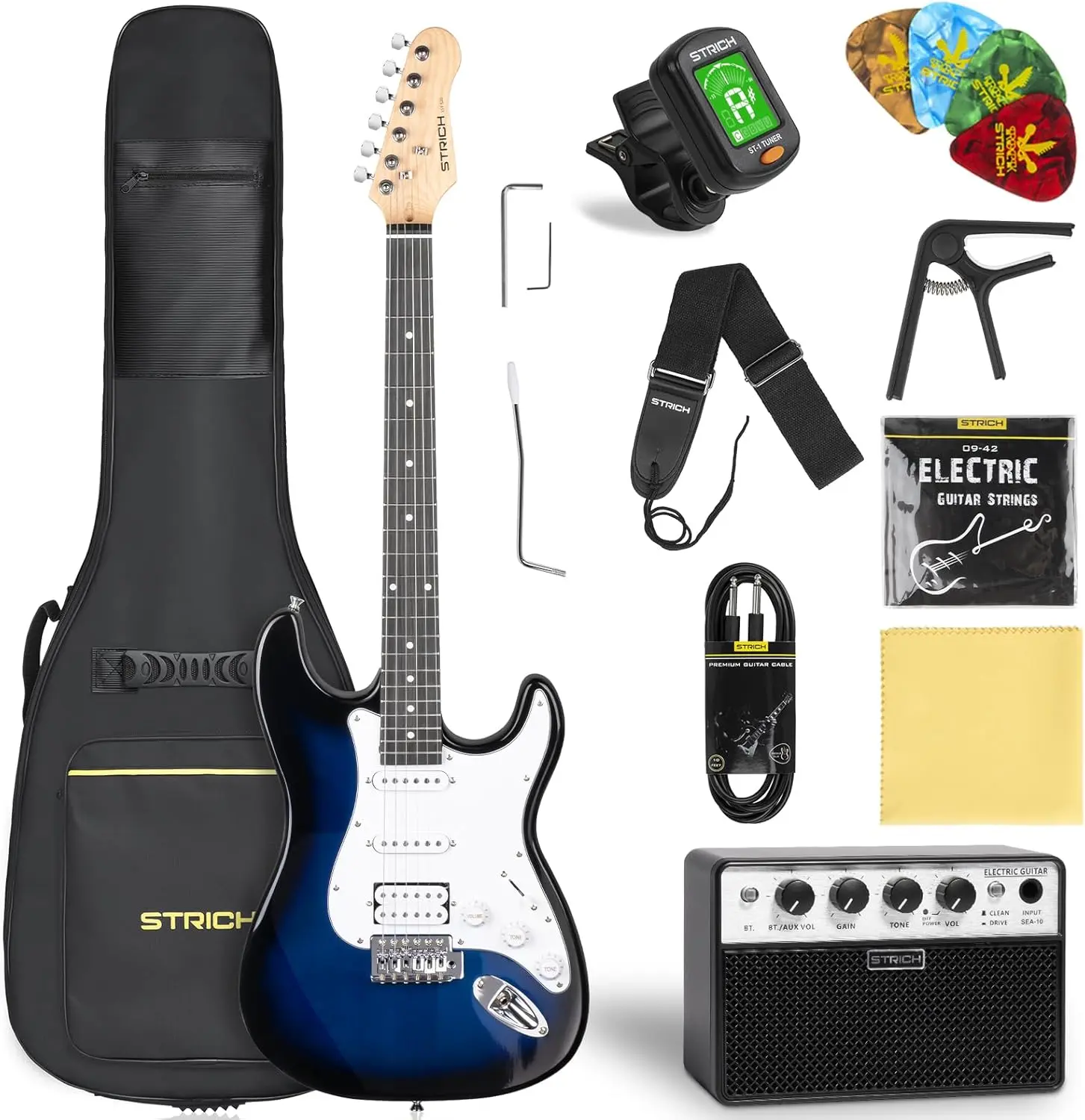 STRICH 39" Solid Body HSS Pickup Beginner Electric Guitar Kit, with 5W x 2 Amplifiers, Bag, Tuner, Capo, Strap, Strings, Cable, Picks, SST-S20 Midnight Blue Burst & USB Audio Interface