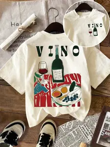 Women's Wine Print Round Neck T-Shirt, Casual Chic Loose-Fitting Summer Top, Daily Wear Outdoor Clothing, Ladies Fashion Tee, Womenswear