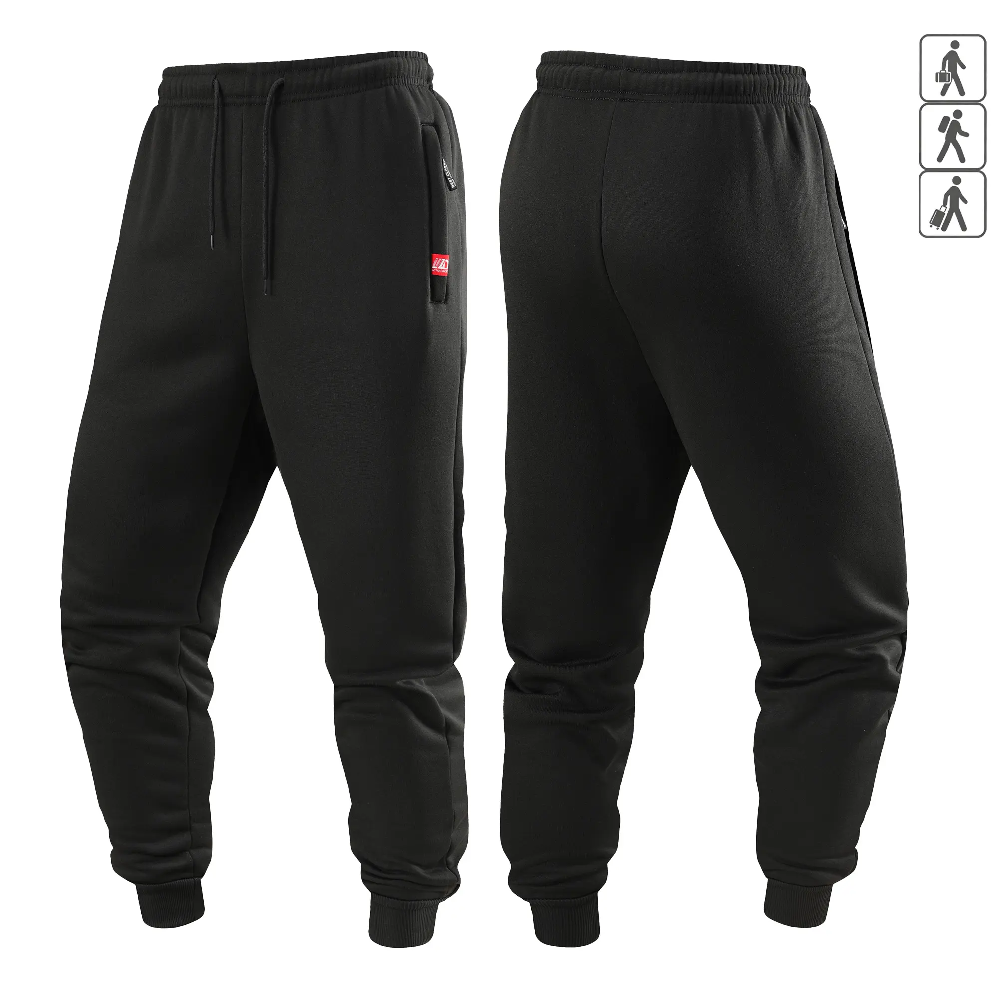 Men's Black Stacked Joggers with Zipper Pockets - Stretch Casual Sweatpants, Drawstring Waist Cuffed Pants, Minimalist Red Tag Detail, S-XXXL, Fast US Shipping #StackedJoggers #MensStreetwear #TikTokMadeMeBuyIt
