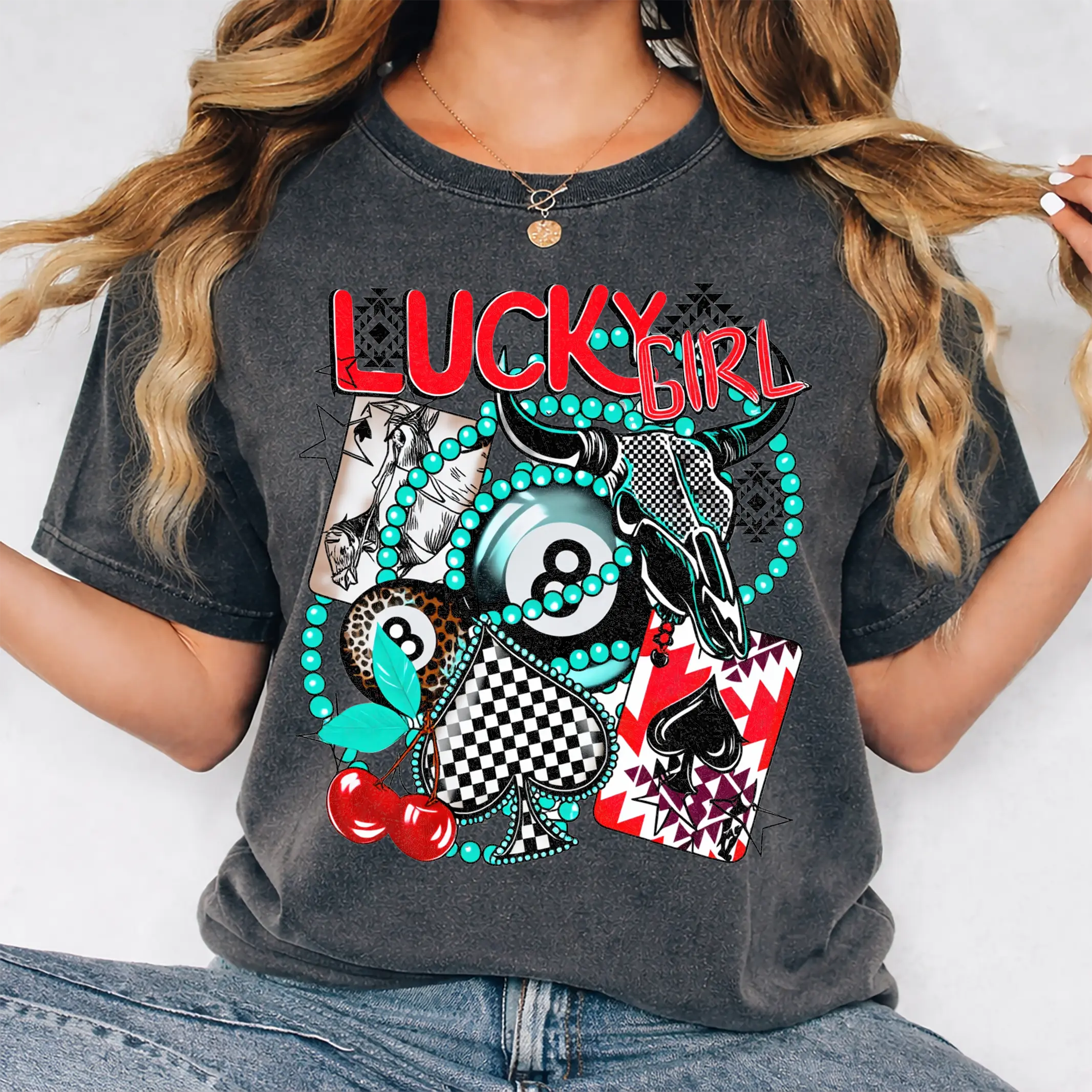 Vintage Western Tees Retro Lucky 8 Turquoise Tshirt Country Spades Checkered T-Shirts Casual Womenwears Crewneck,Oversized tshirts for women&men,100% cotton graphic tee