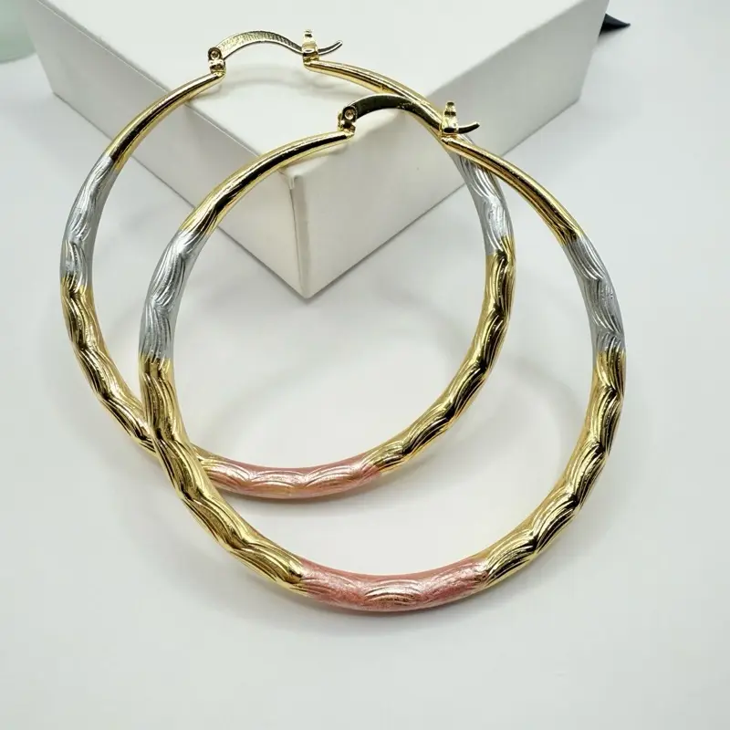 Beutiful Gold Plated Medium Tricolor Earring Hoop - Elegant Tricolor Design for Subtle Distinctive Jewelry