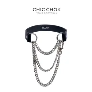 CHICCHOK [Breathless] Fashion Black with Thick Chains, Movable Pulling Chain Daily Wear Leather Necklace Choker