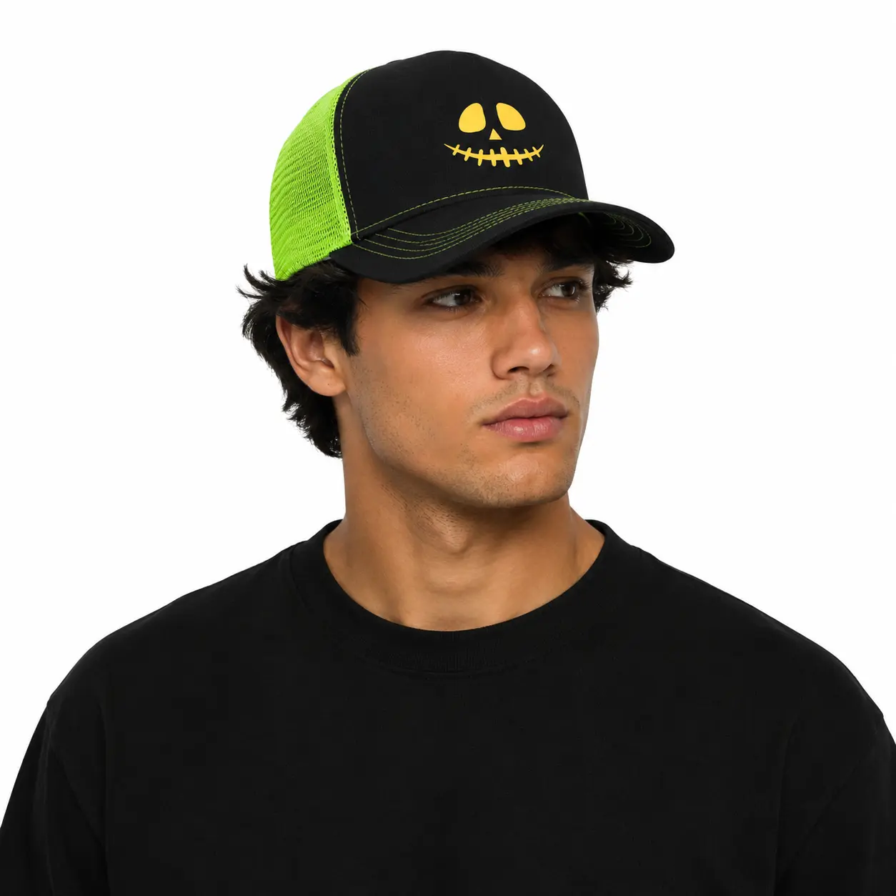 Halloween Gift Hat, Cute Pumpkin Skull Trucker Cap, Adjustable Mesh Baseball Hat for Men Women, Fall Festival Outfit